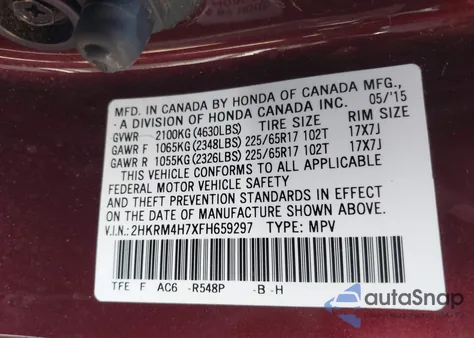 2015 Honda Cr-V Ex-L from USA, damaged, VIN 2HKRM4H7XFH659297